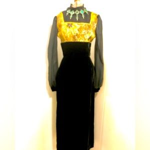 Vintage Maxi Byzantine Dress XS Velvet, Gold Lame’ & sheer balloon sleeves